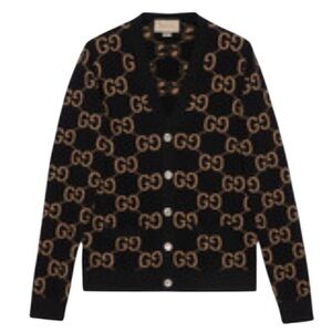 Gucci Jacquard Wool Black and Tan GG Logo Cardigan Size XXL